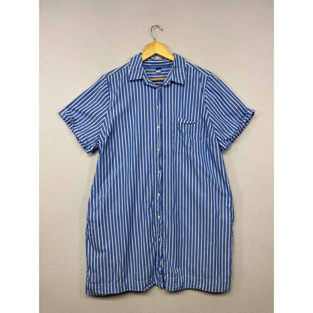 Coastal Preppy Old Navy Women XL Blue White Striped Short Sleeve Shirt Dress